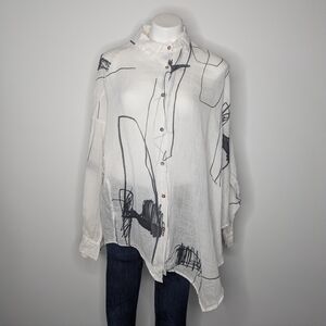 Banana Blue White Black Wearable Art Abstract Funky Artistic Linen Button Up M